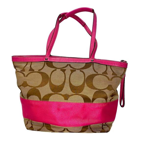 COACH - Signature Classic Canvas pink Stripe small Tote bag/shoulder bag - Picture 1 of 9